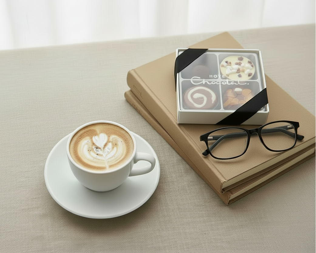 Cappuccino with latte art on a saucer, bowl of coffee beans, books, and a box of chocolates on a light surface.