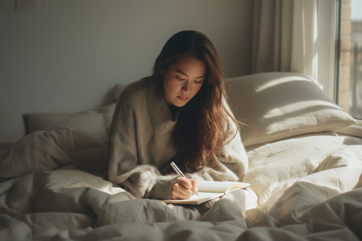 Person sitting on a bed, writing in a notebook with a pen.