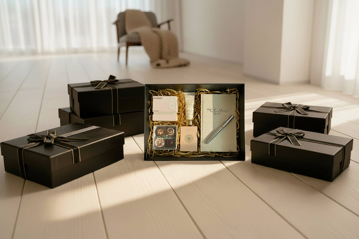 Decorative gift boxes with festive lights and soft lighting in the background